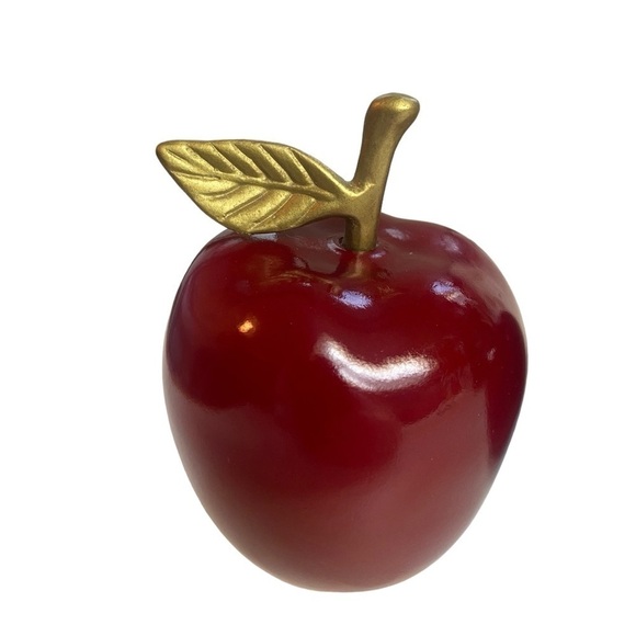 Wooden Red Apple Brass leaf Paperweight Home Decor - Set of two - Picture 5 of 8